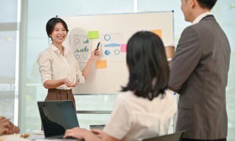 The image shows a businesswoman presenting data charts on a whiteboard during a meeting. She is smiling and pointing to the information displayed, while colleagues, seated around a table, are attentively listening. This scenario reflects effective communication and the importance of clear objectives in corporate event planning. The image relates to avoiding common event planning mistakes, such as neglecting clear objectives and failing to communicate effectively with stakeholders.