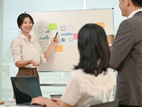 The image shows a businesswoman presenting data charts on a whiteboard during a meeting. She is smiling and pointing to the information displayed, while colleagues, seated around a table, are attentively listening. This scenario reflects effective communication and the importance of clear objectives in corporate event planning. The image relates to avoiding common event planning mistakes, such as neglecting clear objectives and failing to communicate effectively with stakeholders.
