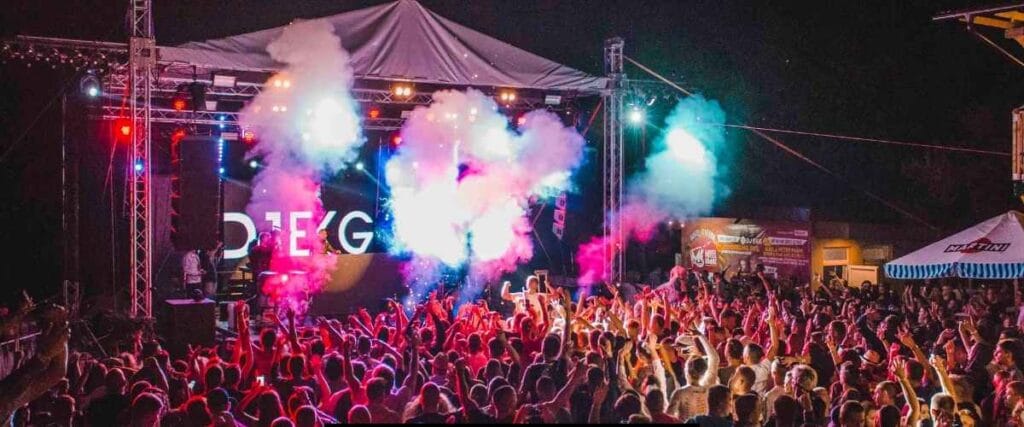 A lively concert scene at night with a DJ on stage, surrounded by colorful lighting and smoke effects. The crowd in front of the stage is cheering, with raised hands and a vibrant atmosphere. The event is filled with energy, showcasing the importance of event logistics for managing large crowds and technical effects.