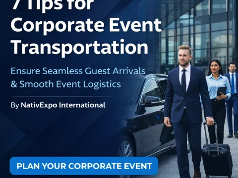 Luxury executive car arriving at a corporate event venue with business professionals stepping out, illustrating corporate event transportation planning by NativExpo International in Dhaka.