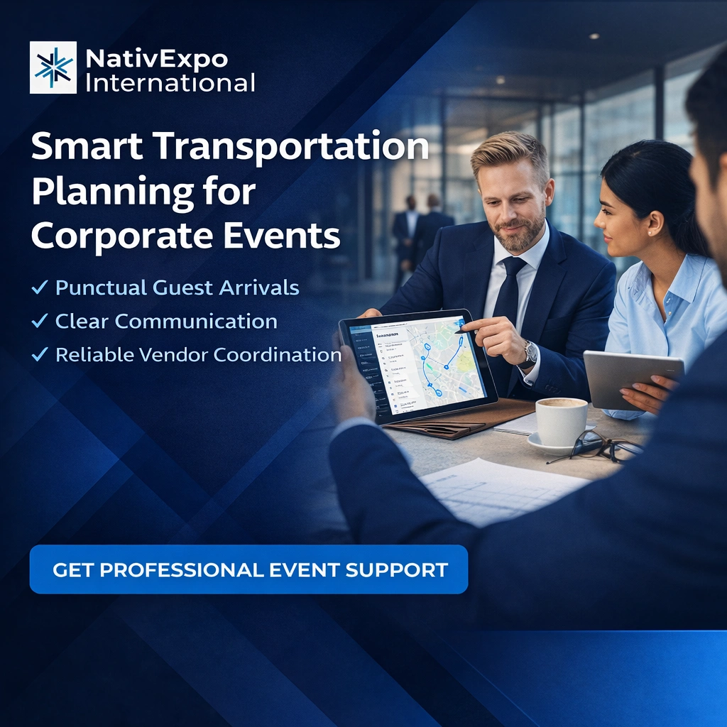 Event coordination team reviewing transportation schedules and route map on tablet, showcasing professional corporate event logistics planning by NativExpo International.