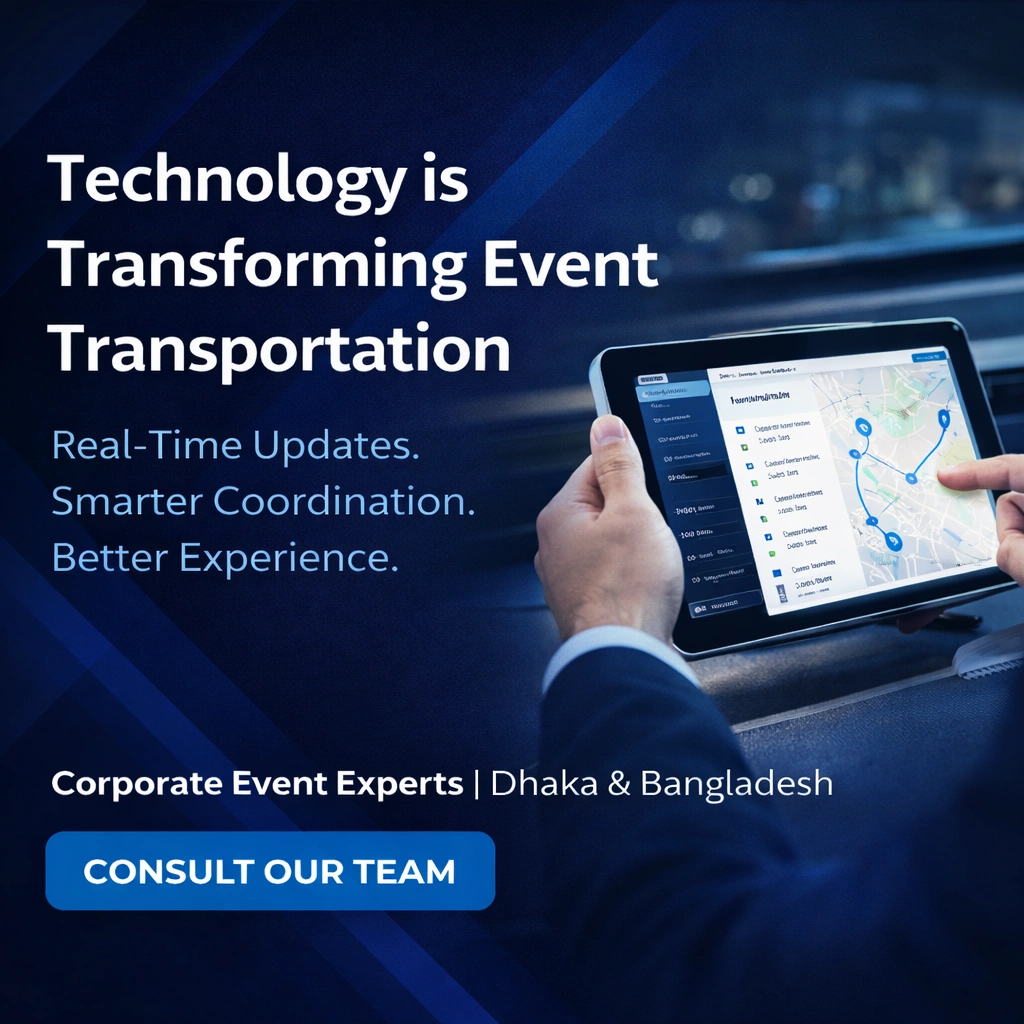 Close-up of digital tablet displaying GPS tracking and event logistics dashboard, representing real-time transportation coordination for corporate events in Dhaka.